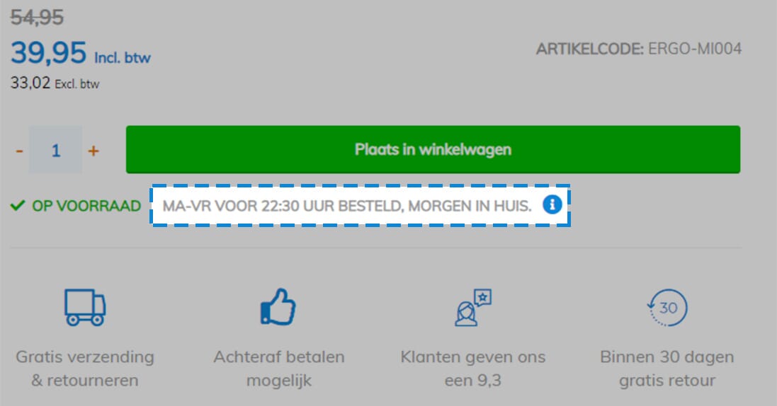 Op deze plek vind je de levertijd van een product